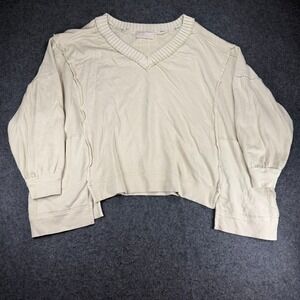 We The Free Oversized V Neck Pullover Sweatshirt Womens XL Beige Cotton Cropped